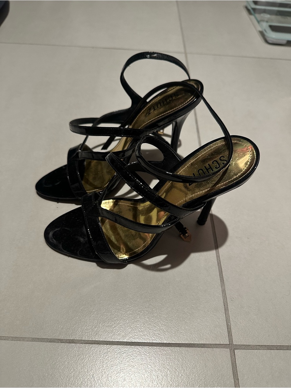SCHUTZ Black Patent Strappy High Heel Sandals with Gold Insole